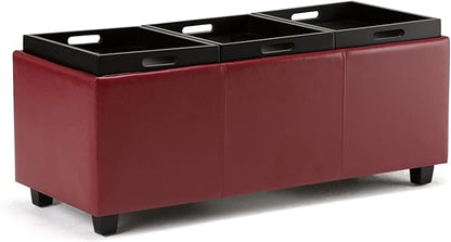 SIMPLIHOME Avalon 42 inch Wide Contemporary Rectangle Storage Ottoman in Red Vegan Faux Leather, Assembled, for the Living Room, Entryway and Family Room