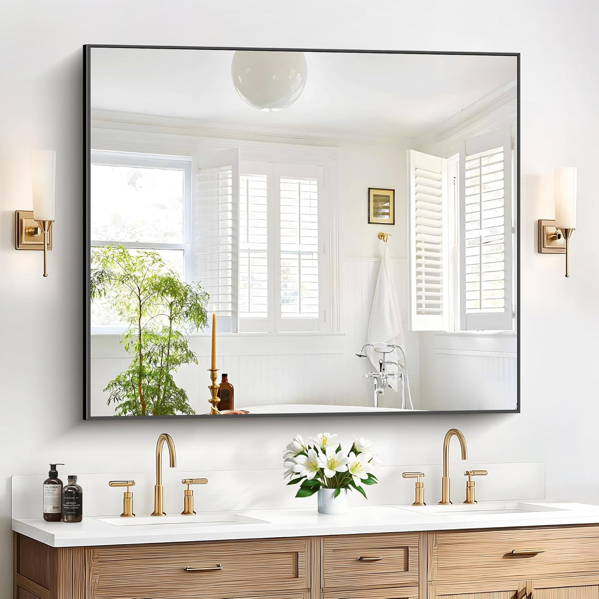 40x48inch Black Bathroom Mirror, Black Rectangle Mirror with Frame, Large Rectangular Wall Mirrors for Bathroom, Living Room, Hair Salon, Big Farmhouse Mirror Hang Horizontal/Vertical
