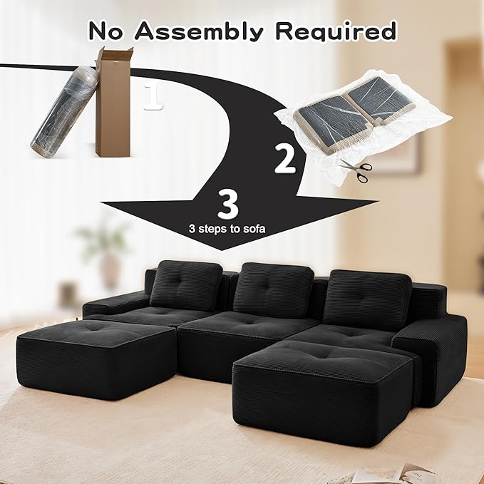 115.3'' Sectional Sofa, 32D Foam Corduroy Boneless Couch with Pillow, Deep Seat Wide Arm Sectional U Shaped Couch for Living Room, Apartment, Bedroom
