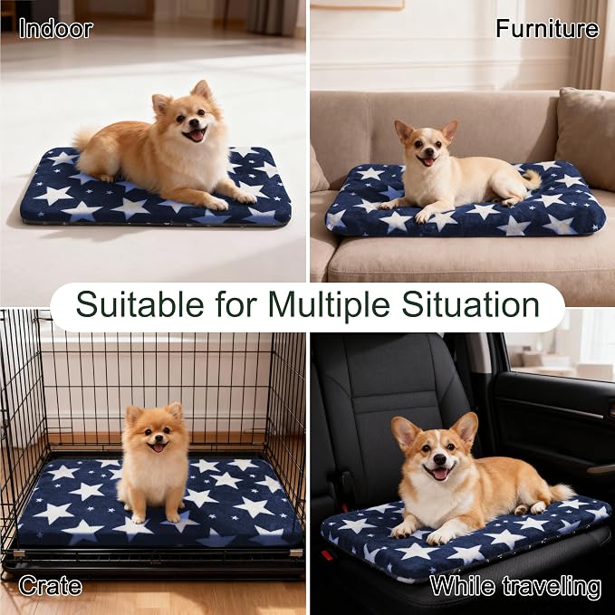Washable Dog Bed Plush Orthopedic Outdoor Crate Mat with Non-Slip Bottom,Luxe Soft Kennel Pad for Pets, Cozy Cage Cushion & Pet Sleeping Mattress Large Sized,Medium,Small Dogs,24 x 18 inch,Blue