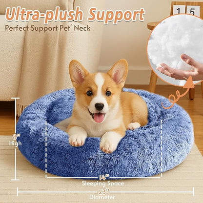 JOLLYVOGUE Calming Dog Bed for Small Dogs - 23 inches Donut Washable Small Dog Bed for Kittens & Puppies, Anti-Slip Round Fluffy Plush Faux Fur Cat Beds (Fits up to 25 lbs Pets, Navy Blue)