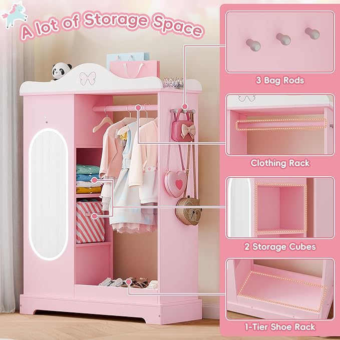 Xilingol Kids Armoire with a Jewelry Cabinet, Princess Dress Up Closet with Mirror, Kids Wardrobe Closet with Storage Shelves, Armoire Costume Organizer for Bedroom, Kids Room, Girl (Pink)