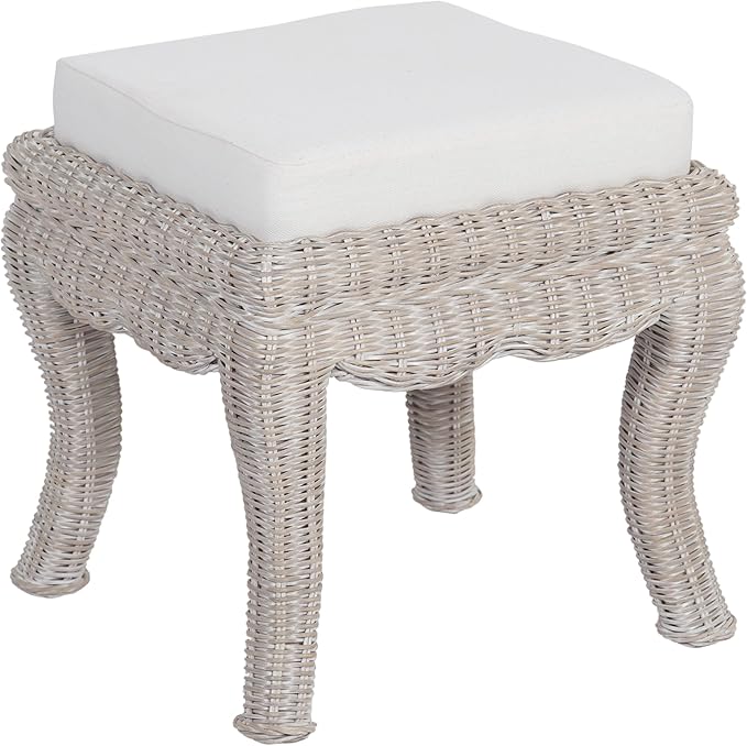 JONATHAN Y VSL1000C Rowan 19.7" Bohemian Designer Woven Rattan/Wood Ottoman Vanity Stool, White Cushion Seat with Gray White Wash Binded Base, for Living Room, Bedroom, Entryway, Foyer