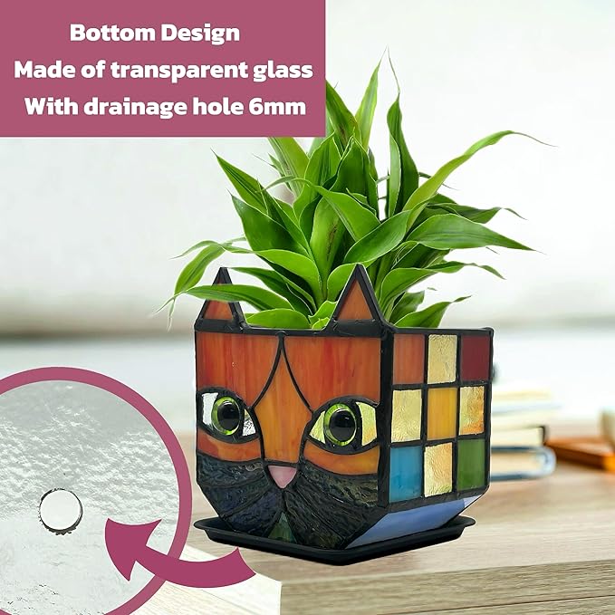Stained Glass Cat Planter,Indoor Plant Pots with 6mm Drainage Hole, Cute Flower Pots for Plants, Orange Cat Gifts for Women,Small Decorative Planters for Indoor Plants