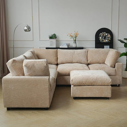 JACH V Shape Sectional Couches with Chaise Ottoman, Convertible Modular Sofa, Cloud Sectional Couch, Sofa Covers Washable, Minimalist Couch for Living Room, Apartment, Khaki