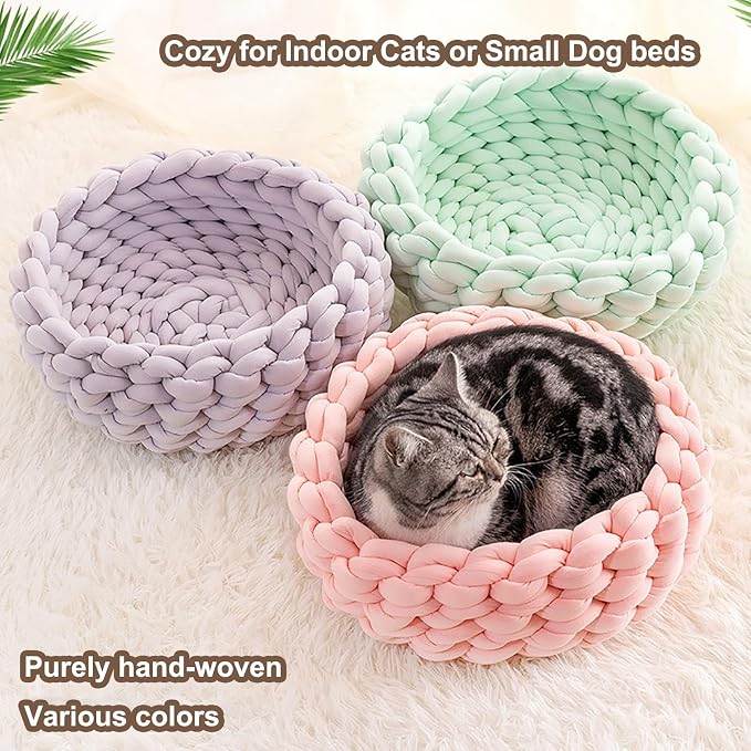 Woven Dog Bed Basket, Knitted Cotton Cat Bed Round Washable Woven Cat Pet Bed Chunky Dog Basket, Orthopedic, Chunky Knit Dog Nest,Dog Bed,Dog Cave,Dog Bedding(Beige,17")