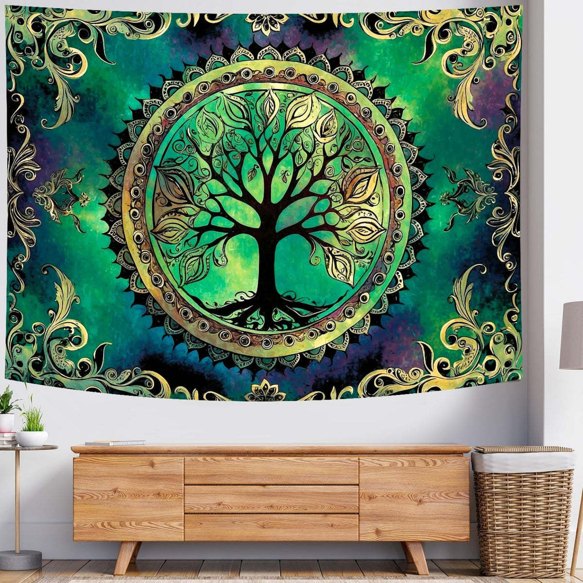 Delur Tree of Life Tapestry Green Nature Bohemian Mandala Spiritual Tapestry Wall Hanging Mystical Landscape Hippie Psychedelic Headboard for Bedroom Living Room Home Decor (51.2" x 59.1")