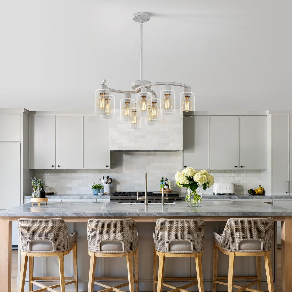 9-Light Antique White Chandelier with Clear Glass Shade, French Country Chandeliers for Dining Room, Adjustable Height Hanging Chandelier for Kitchen Island Living Room Foyer Bedroom
