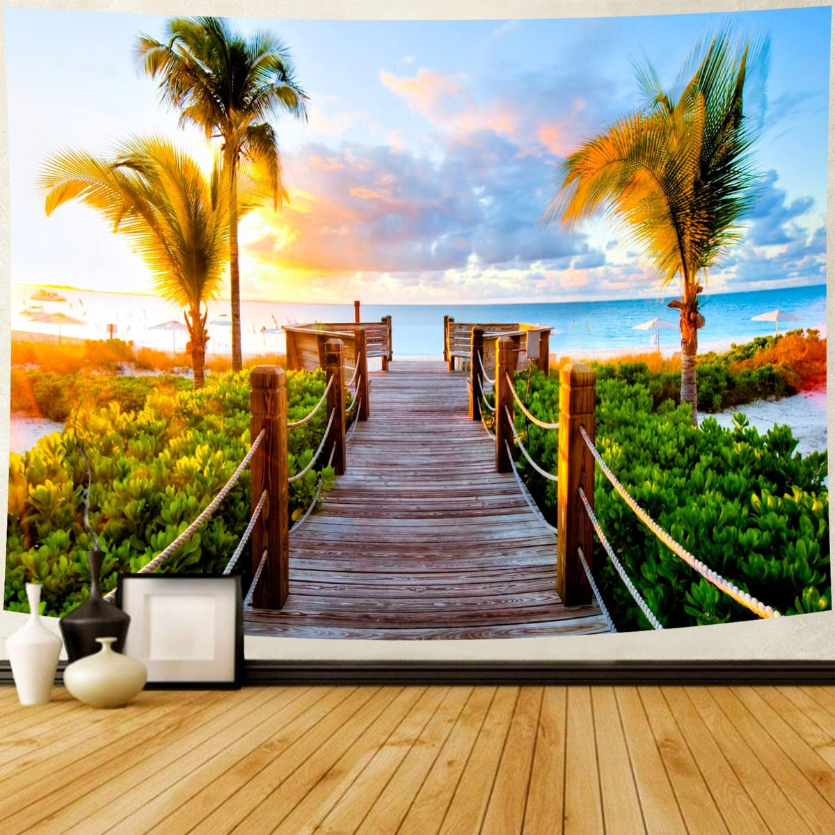 Delur Beach Sunset Tapestry Tropical Seaside Palm Tree Coastal Tapestry Wall Hanging Sunrise Nature Landscape Scenic Psychedelic Headboard for Bedroom Living Room Home Decor (70.8" x 92.5")
