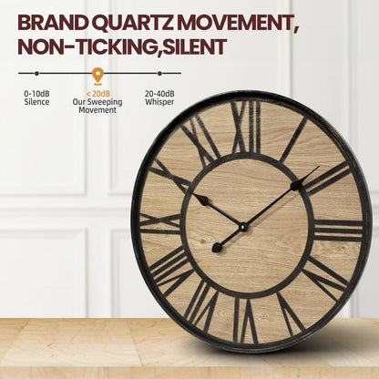 Large Wall Clock for Living Room Decor, Non Ticking Silent, Battery Operated Modern Vintage Wood Wall Clock Oversized Decorative Wall Clock for Bedroom Kitchen Farmhouse Office Decor