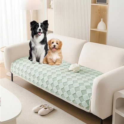 HANDONTIME Non-Slip Pet Couch Cover Washable, Plush Faux Fur Couch Protector for Cushion Pet-Friendly Sofa Covers for Dogs, Checkered Diamond Sectional Covers Dog Mat for Sofa (Green, 35.6" x 82.7")