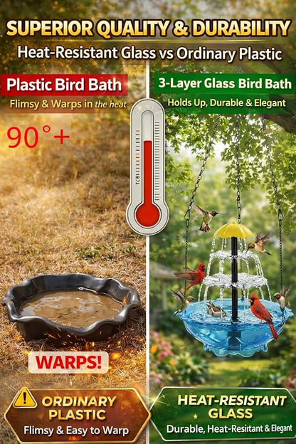 Solar Cascade Hanging Bird Bath Fountain, 2026 New Outdoor Hanging Bird Bath with Solar Fountain, Large Humming Birds Baths Fountains, with Solars Pump & Glass Bowl, for Outdoor, Gardens (#2)