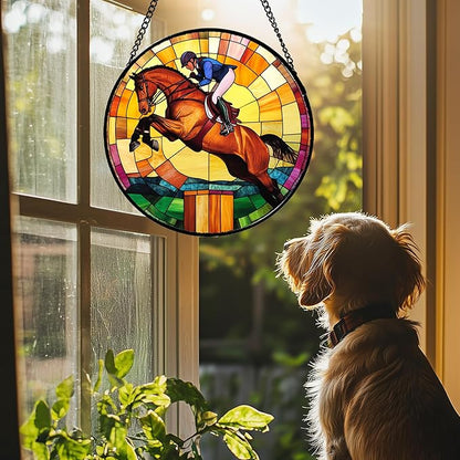 Stained Glass Window Hanging Equestrian Sports 9.8" - Horse Suncatcher Door Garden Sunroom Sun Catcher Home Decor Birthday Christmas for Mom Men Woman Nana
