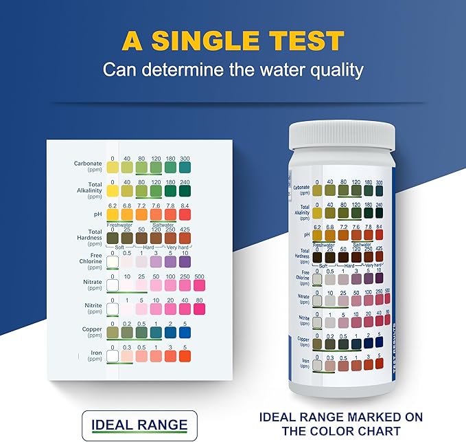 Aquarium Test Strips,100 Strips 9 in1 Saltwater and Freshwater Aquarium Test Kit for Aquarium,Pond and Fish tank,Testing Carbonate,Alkalinity,pH,Hardness,Free Chlorine,Nitrate,Nitrite,copper and Iron.