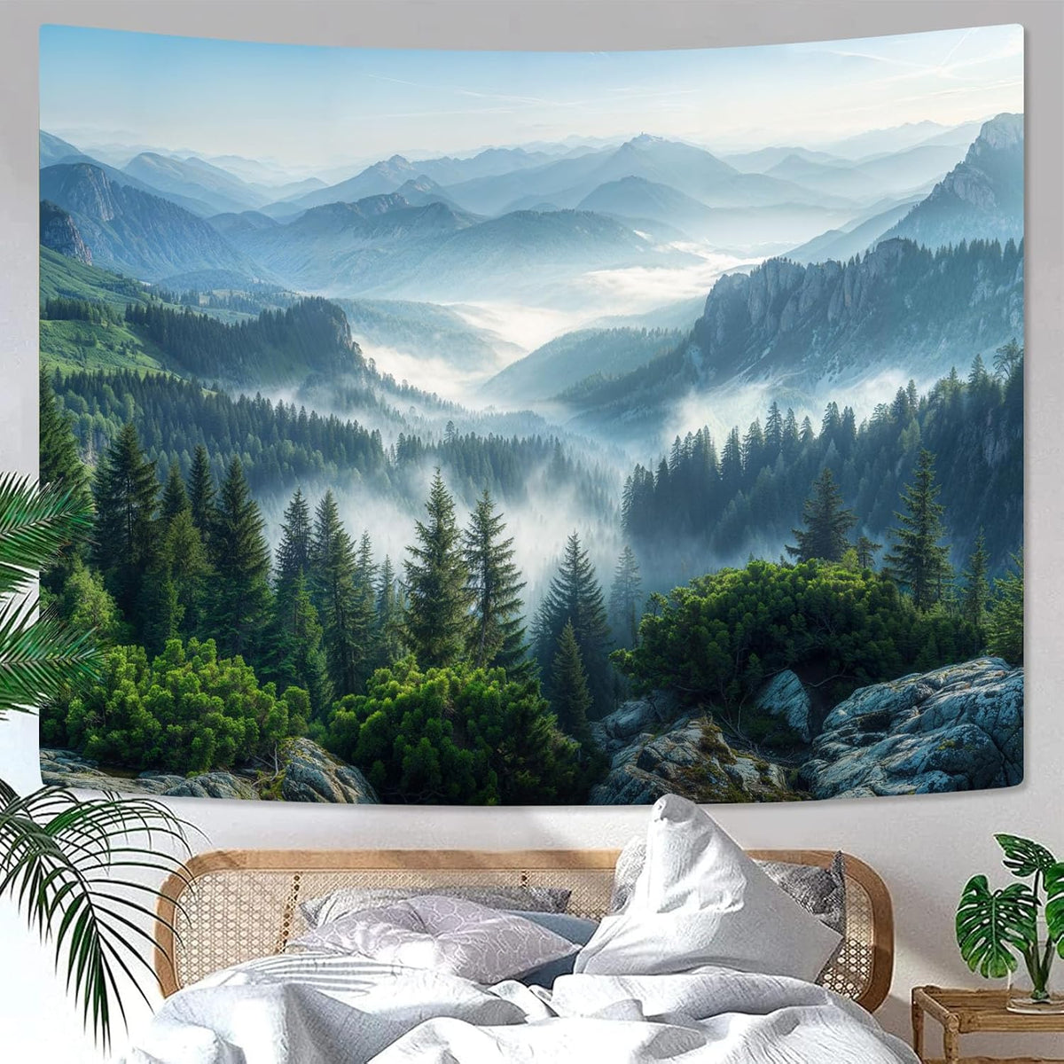 AMM Nature Forest Mountain Tapestry Green Misty Pine Tree Tapestry for Bedroom Aesthetic Foggy Woodlands Sky Landscape Tapestries Wall Hanging for Living Room Dorm 60 x 44 Inch