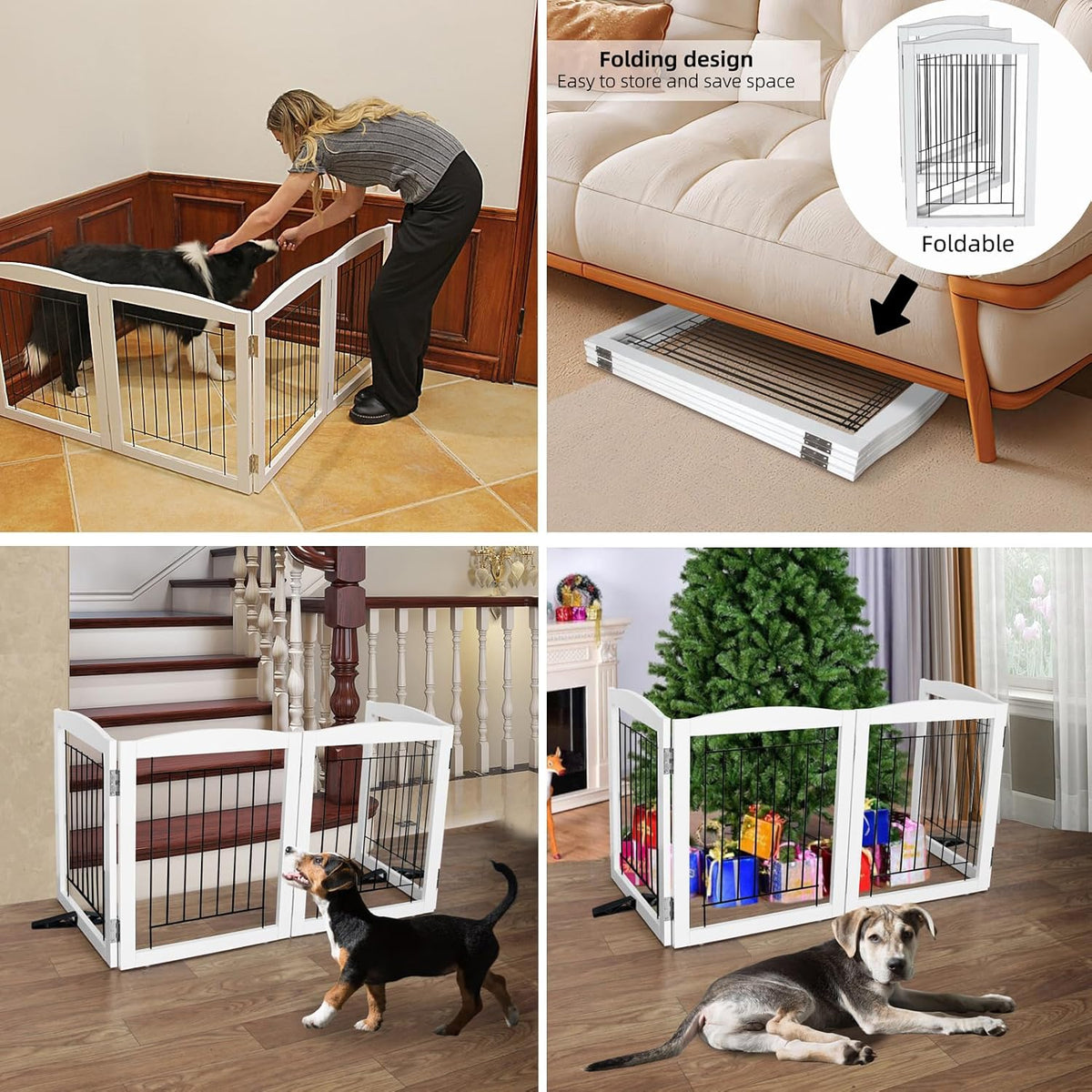 ZJSF Freestanding Dog Fence Indoor, Foldable Dog Gate for Doorways, Stairs or Hallways, Sturdy Wood Extra Wide Pet Gate with Support Feet for The House, White, 24 "Height-2 Panels