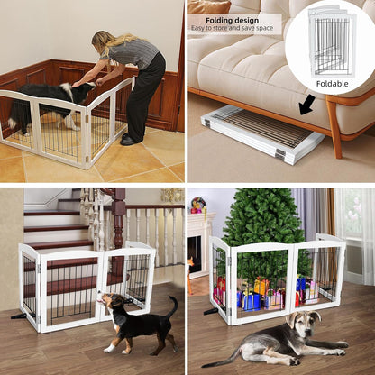 ZJSF Freestanding Dog Fence Indoor, Foldable Dog Gate for Doorways, Stairs or Hallways, Sturdy Wood Extra Wide Pet Gate with Support Feet for The House, White, 24 "Height-2 Panels
