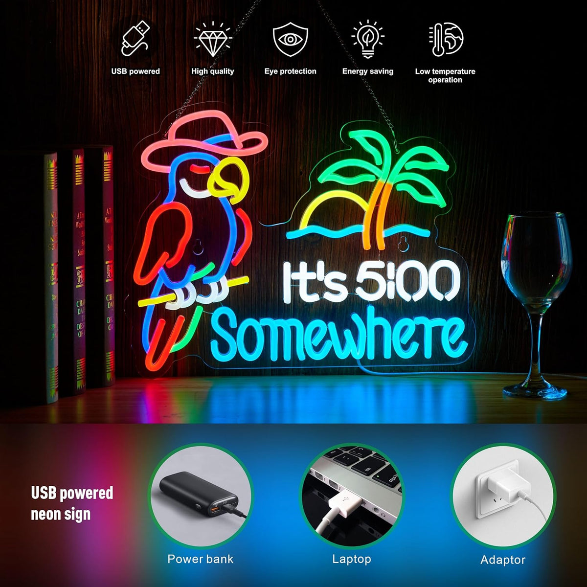 Parrot Its 5 00 O'clock Some Where Neon Sign for Wall Decor USB Powered Five Oclock Dimmable Bar Beer LED Light Man Cave