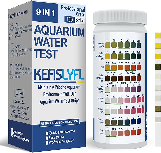 Aquarium Test Strips,100 Strips 9 in1 Saltwater and Freshwater Aquarium Test Kit for Aquarium,Pond and Fish tank,Testing Carbonate,Alkalinity,pH,Hardness,Free Chlorine,Nitrate,Nitrite,copper and Iron.