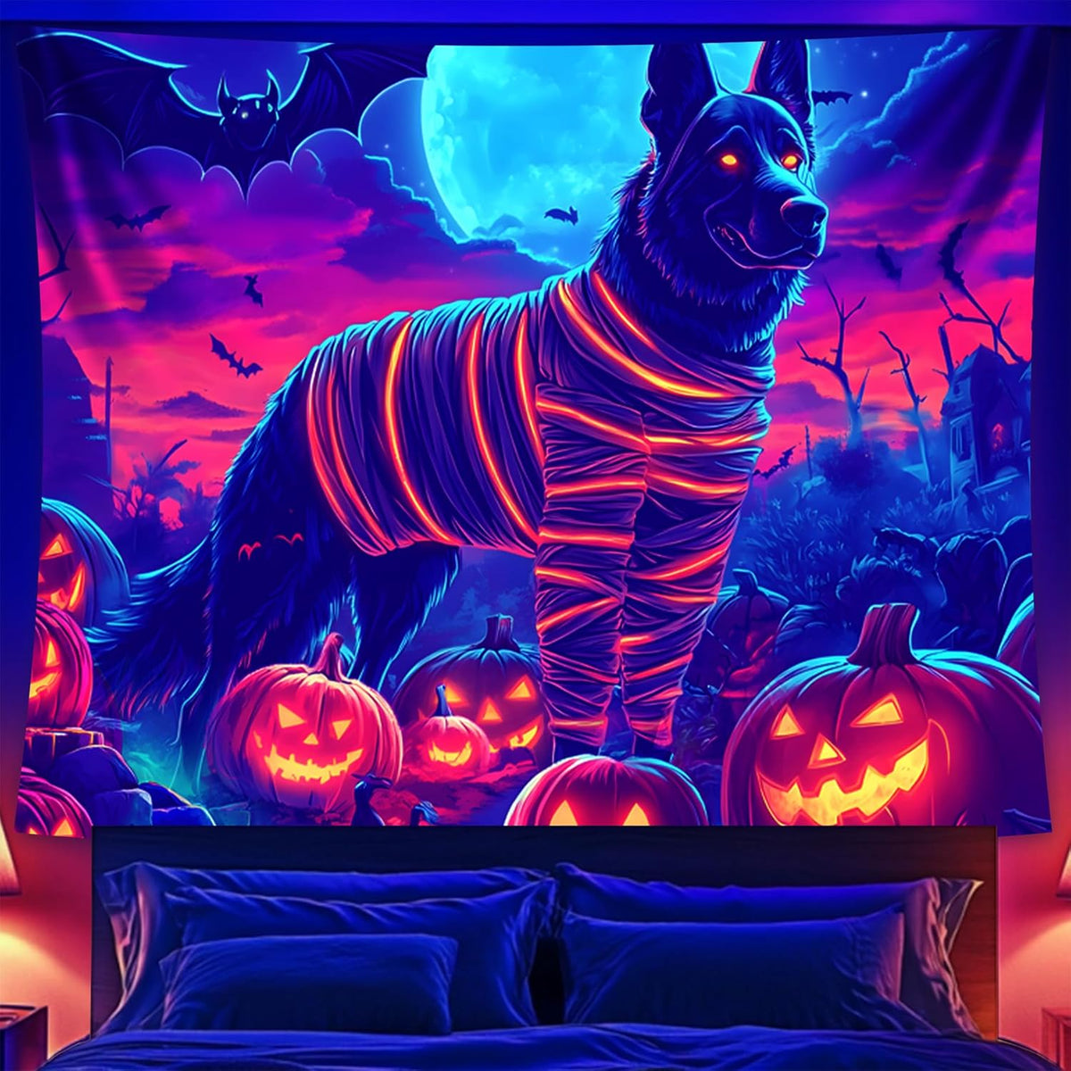 Halloween Tapestry, Blacklight Tapestry for Halloween Party Decor Hanging Tapestries Backdrop Wall Art Poster for Bedroom Dorm 90x70in