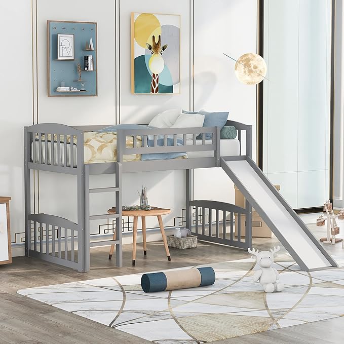Twin Size Loft Bed with Slide and Ladder,Multifunctional Solid Wood Bed Frame,w/Safety Guardrail & 14 Support Slats,No Box Spring Needed,Easy to Install,for Kids,Teens,Girls,Boys,Grey