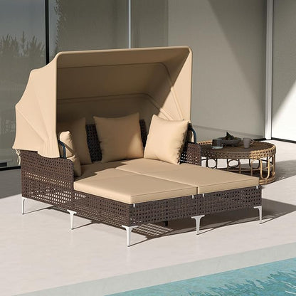 HAPPYGRILL Outdoor Daybed with Retractable Canopy, PE Wicker Rattan Patio Double Chaise Lounger with Cushions, Outside Sunbed Furniture for Garden, Poolside and Backyard (Beige)