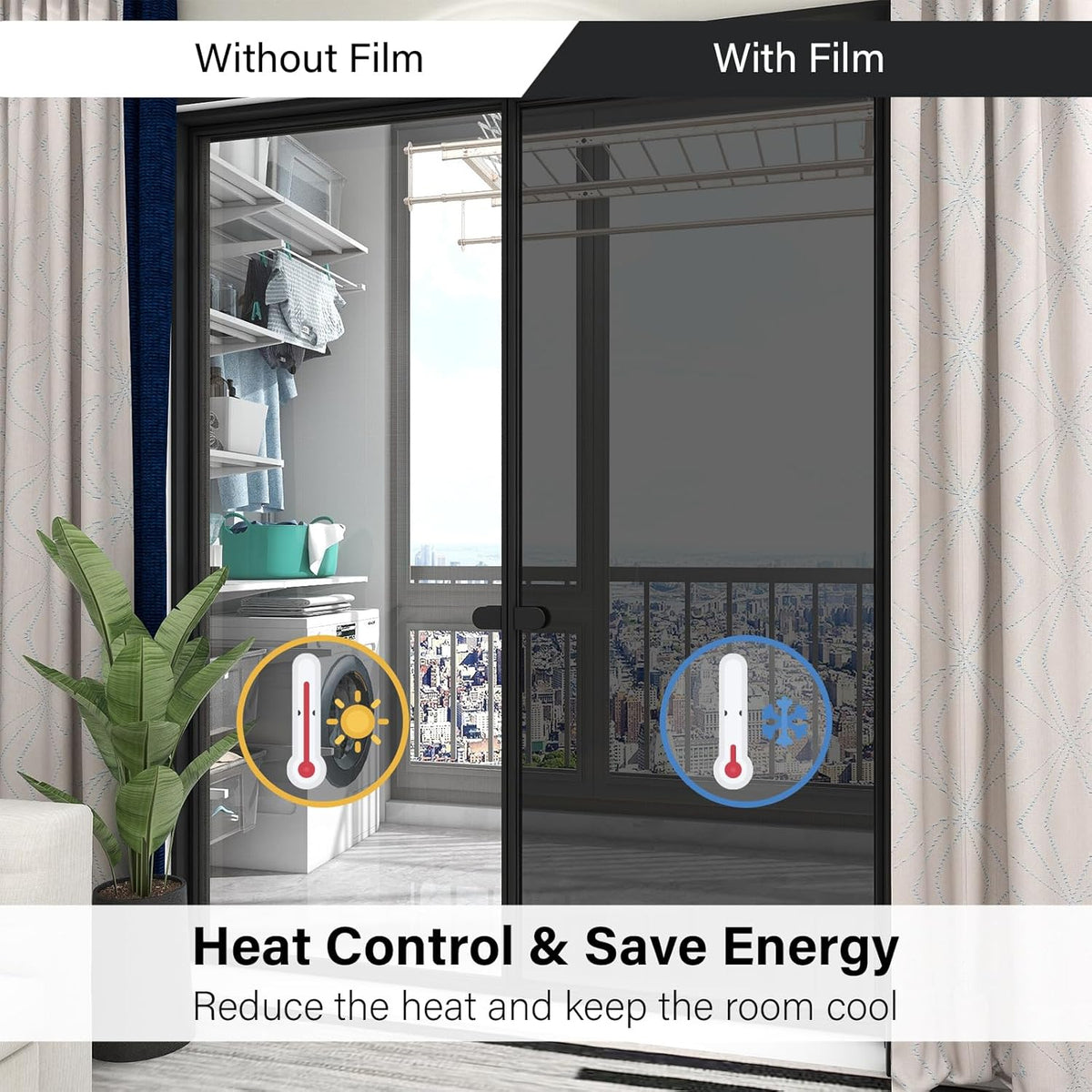 Kromapolis One Way Window Privacy Film Reflective Mirror Home Window Tint, Daytime Privacy Heat Control Anti UV Glass Tinting Static Cling (Black-Silver, 35.4 x 78.7 inch)