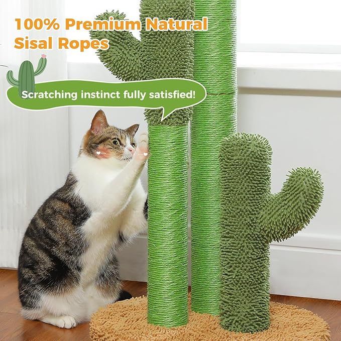 PAWZ Road Cat Scratching Post Cactus Cat Scratcher Featuring with 3 Scratching Poles and Interactive Dangling Ball - 35 Inches