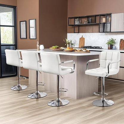 Yaheetech Bart Stools Set of 4, PU Leather Adjustable Barstools with Armrest, Counter Height Stool Chairs with Thickened Seat Cushion for Kitchen Island, White