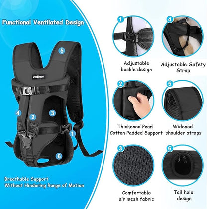PetBonus Dog Front Carrier Backpacks, Legs Out Easy-fit Puppy Chest Carrier | Hands Free, Adjustable, Safety Strap, Walking Hiking Cycling Motorcycle bag, For Small Medium Dogs (Black, S)