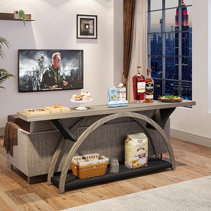 Tribesigns 70.87" Console Table with Storage Shelf, Narrow Long Sofa Table Behind Couch Table, 2-Tier Rustic Entryway Table with Half Moon Frame for Hallway Living Room, Gray & Black (Gray & Black)