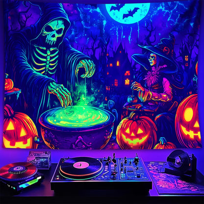 Halloween Tapestry, Blacklight Tapestry for Halloween Party Decor Hanging Tapestries Backdrop Wall Art Poster for Bedroom Dorm 90x70in