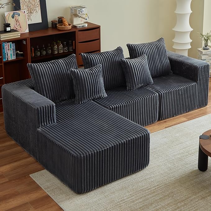 Boneless Couches for Living Room, 100.7" Cloud Sectional Couch with Oversized Chaise, L Shape Modular Couch Deep Seat, Corduroy Comfy Sofa for Bedroom, Compressed Sofa in a Box, Grey