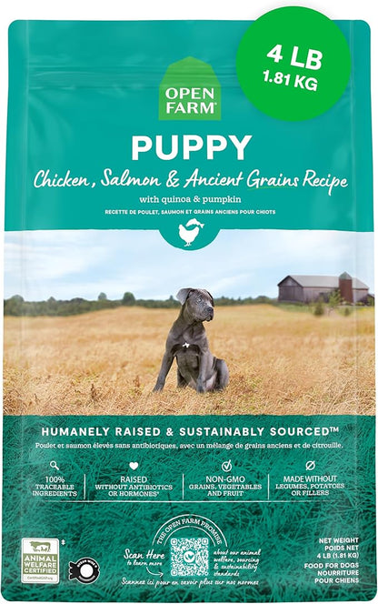 Open Farm, Ancient Grains Dry Dog Food for Puppies, Protein-Rich & Nutrient Dense, 90% Animal Protein Mixed with Non-GMO Fruits, Veggies and Superfoods, Chicken & Salmon Recipe for Puppy, 4lb Bag