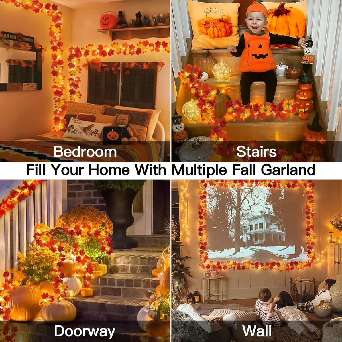 suddus Fall Garland with Lights Battery Operated, 20 LED Lighted Orange Fall Leaf Garland, Fairy String Lights with Remote for Thanksgiving, Table, Mantle, Office, Porch, Halloween, Home Decoration