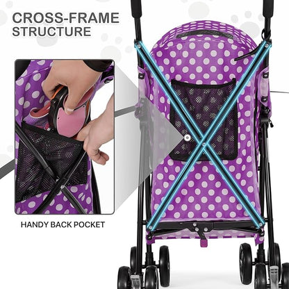 MoNiBloom 4 Wheels Pet Stroller, Easy-Fold Umbrella Shaped Dog Cat Jogger Stroller w/Storage Bag & Visible Mesh for Small/Medium Dogs Cats Purple Polka Dots