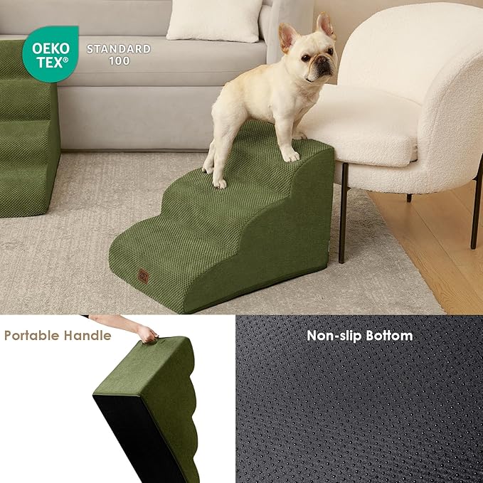 EHEYCIGA Curved Dog Stairs Ramp for Small Dogs 15.7" H, 3-Step Dog Steps for Couch Sofa and Chair, Pet Stairs for Cats, Non-Slip Balanced Pet Steps Indoor, Olive Green