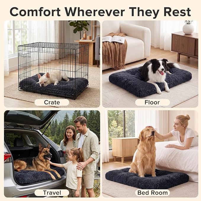 JOEJOY Dog Bed Crate Pad, Deluxe Plush Washable Dog Beds Fulffy Soft Kennel Pad Anti-Slip Pet Sleeping Mat for Small Dogs, 23" x 18", Dark Grey