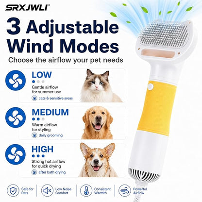3 in 1 Pet Hair Dryers And Comb Brush High Velocity Blower for Dog Grooming | Portable Quiet Handheld Slicker with Steam Deshedding Intelligent Airflow System for Cats, Puppies and Professional(Yellow)