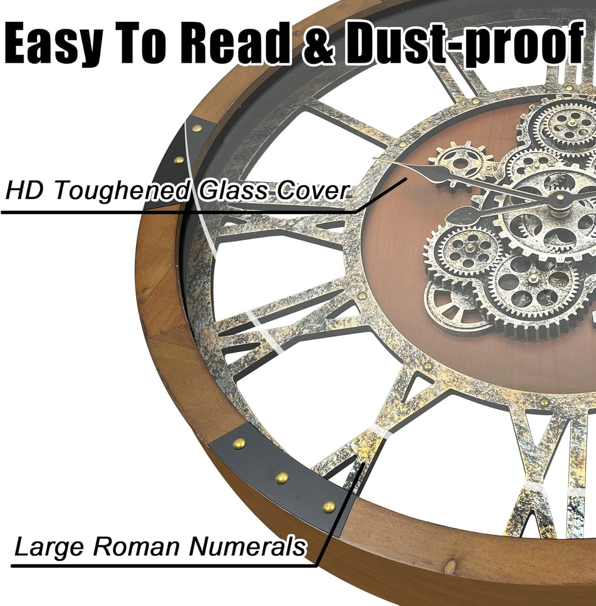 DORBOKER 24" Original Moving Gears Wall Clock, Large Industrial Wall Clock for Living Room Decor, Retro Wood Vintage Farmhouse Steampunk Rustic Clocks for Wall Decor,Brown Nanmu