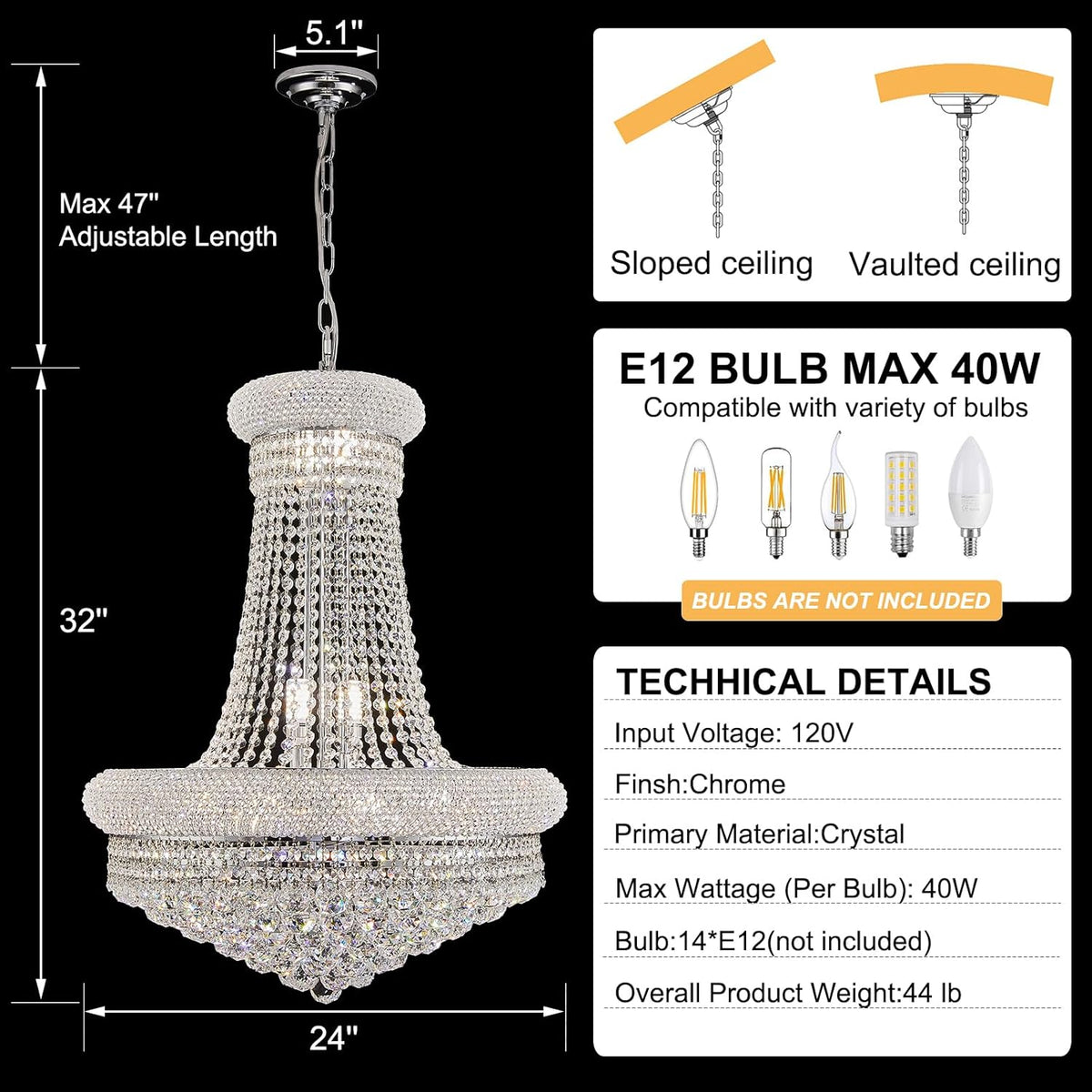 14 - Light Unique Empire Crystal Chandelier with Adjustable Chain for High Ceiling Foyer Entryway Living Room Dining Room Bedroom Chrome Finish