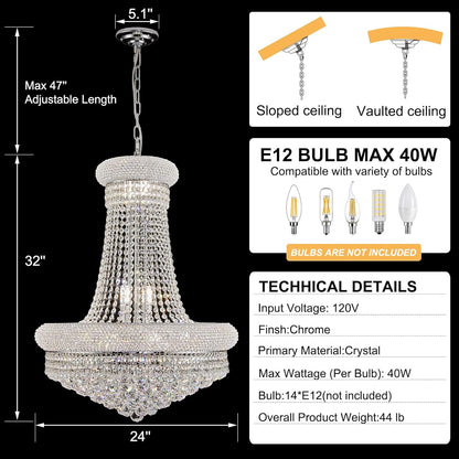 14 - Light Unique Empire Crystal Chandelier with Adjustable Chain for High Ceiling Foyer Entryway Living Room Dining Room Bedroom Chrome Finish