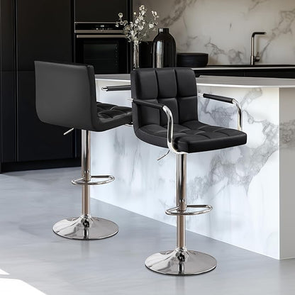 Yaheetech Bar Stools Set of 2, PU Leather Adjustable Swivel Barstools, Hydraulic Kitchen Counter Height Bar Chairs with Armrest and Back for Kitchen, Dining Room, Black