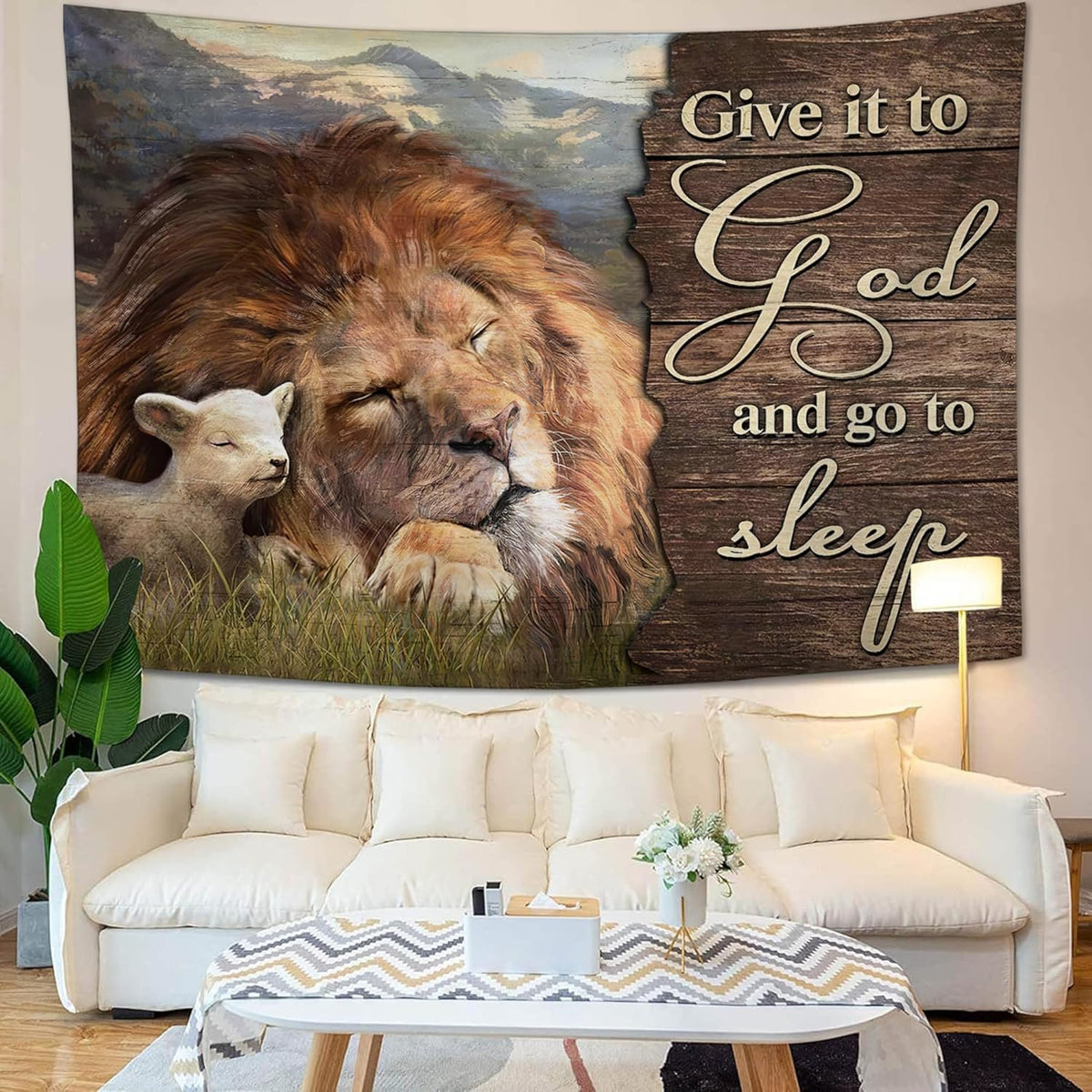 yowecso Lion and Lamb Tapestry Give It To God And Go To Sleep Tapestry Wall Hanging for Bedroom Christian Religious Tapestries Aesthetic Wall Decor for Home Dorm Living Room 40"x60"