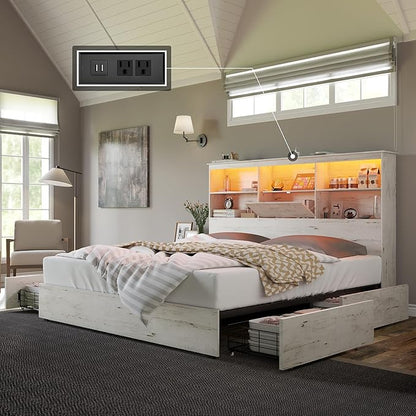 AMERLIFE Farmhouse King Size Bed Frame with 51.2" LED Storage Bookcase Headboard, Solid Wooden Platform Bed with 4 Drawers & Charging Station, Distressed White, No Box Spring Needed, Noise-Free