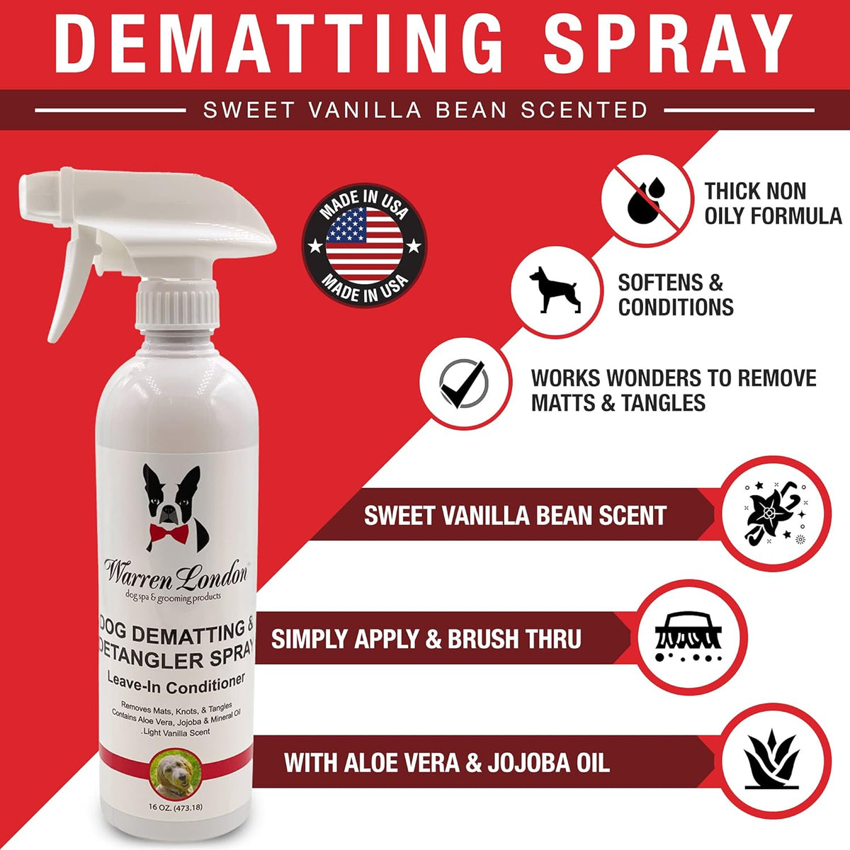 Warren London Dog Dematting & Detangling Spray | Groomer-Formulated Conditioner w/Aloe Vera & Jojoba Oil | Loosens Mats, Knots & Tangles | 16oz | Made in USA