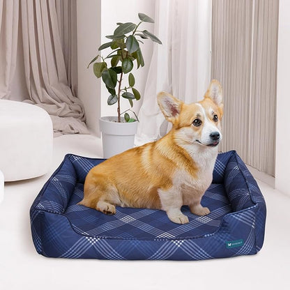 Orthopedic Bolster Dog Bed – CertiPUR-US Foam, Recycled Polyester Canvas, Washable Cover, Anti-Slip Bottom, Small, Navy Plaid – Stylish Designer Dog Sofa