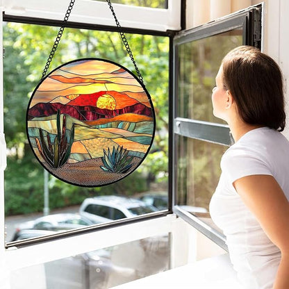 Stained Glass Window Hanging, Golden Landscape Dusk Sunset Suncatcher for Doors Window Home Cactus Sun Catchers Decoration Mother's Day Birthday Gifts for Women, Men, and Mom 9.8 in