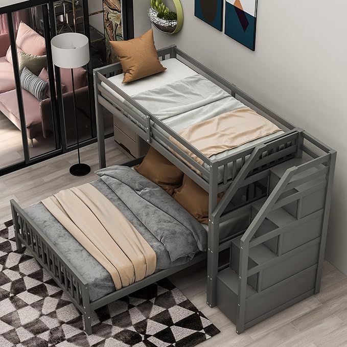 Twin Over Full Wood Loft Bed with Staircase,High Guardrails and Ladder-Handrails,Ladder W/ 3 Storage Grids,Bedroom Furniture for Children,Teens,Adults,Gray