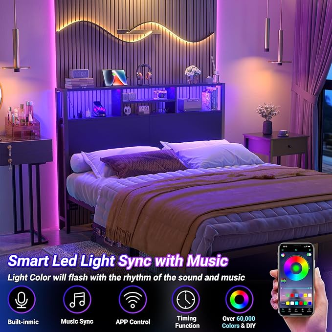 Aheaplus Headboard for Full Size Bed with Storage, Headboards with Outlets, USB Ports and LED Light, Full Size Head Board Only, Height Adjustable, Reversible, Sturdy and Stable Headboard, Black